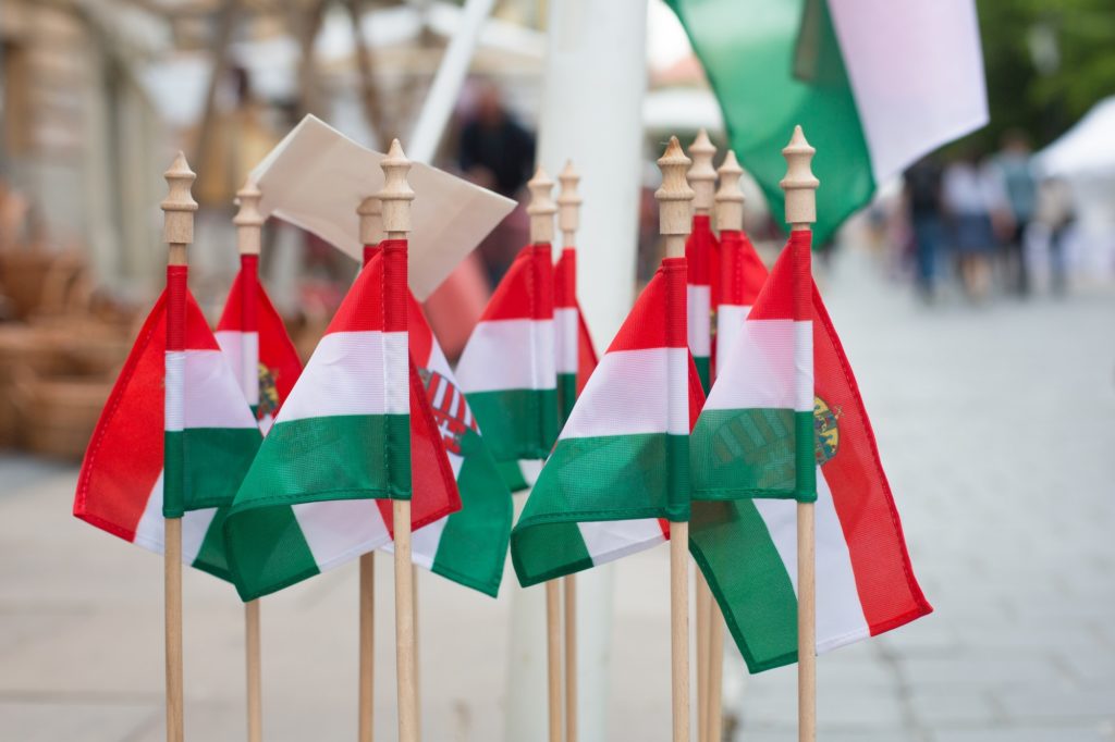 Flags of Hungary are sold on the street as a souvenir. Many flags of Hungary